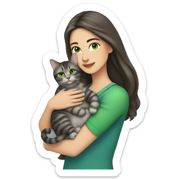 A woman with long dark brown hair and green eyes holds a gray tabby cat with green eyes in her arms sticker