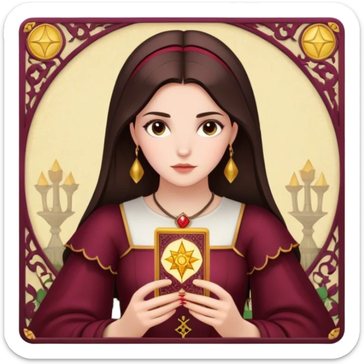 A brunette girl with a square hairstyle reading the Burgundy tarot sticker