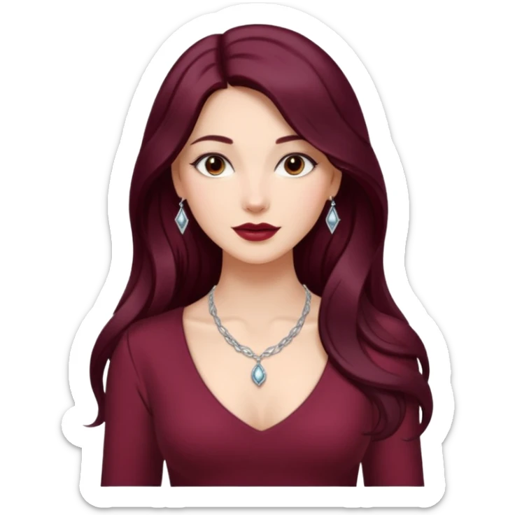 young glamorous woman 
Long waist-long hair
middle part
slightly wavy
dark burgundy hair 
 sticker
