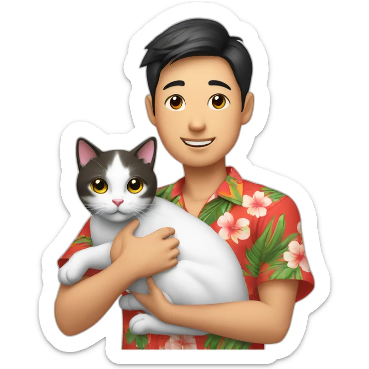 Young Asian man in Hawaiian shirt holding a Chinese Li Hua cat in his arms sticker