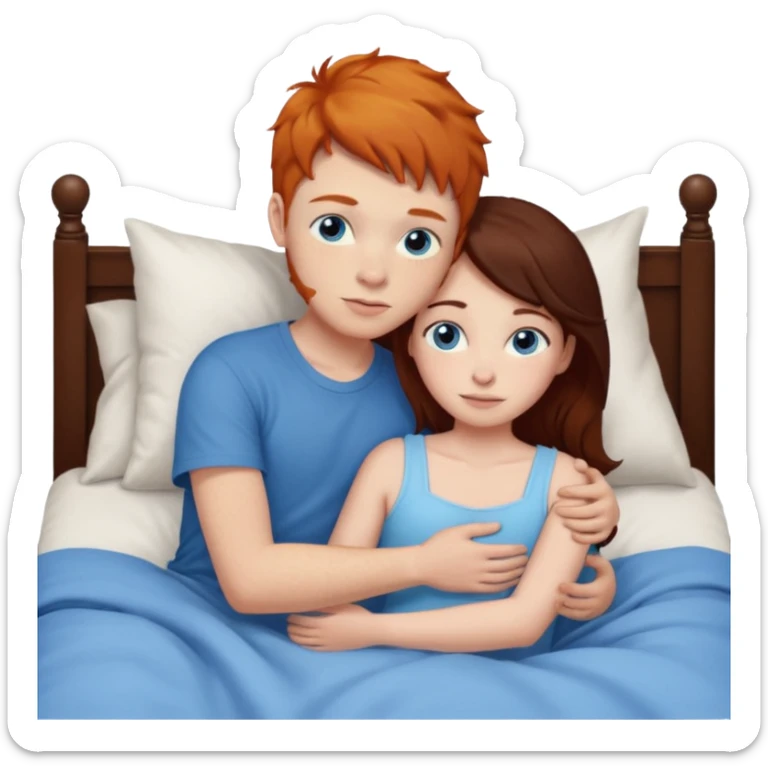 Ginger boy hugging girl with very dark brown hair. Both have blue eyes. They are in bed.  sticker