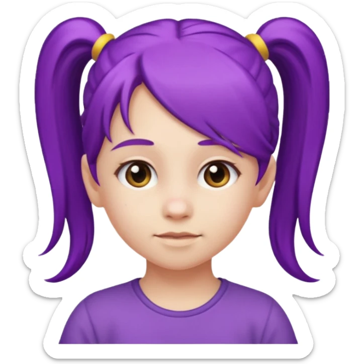 5-year-old girl with long purple hair, one long ponytail starting from the forehead and going backward to the back, emoji style sticker