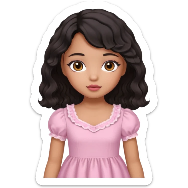 Tan skin girl, brown Asian eyes, black soft wevy hair, doll  beabadoobe makeup, baby pink Victoria dress  sticker