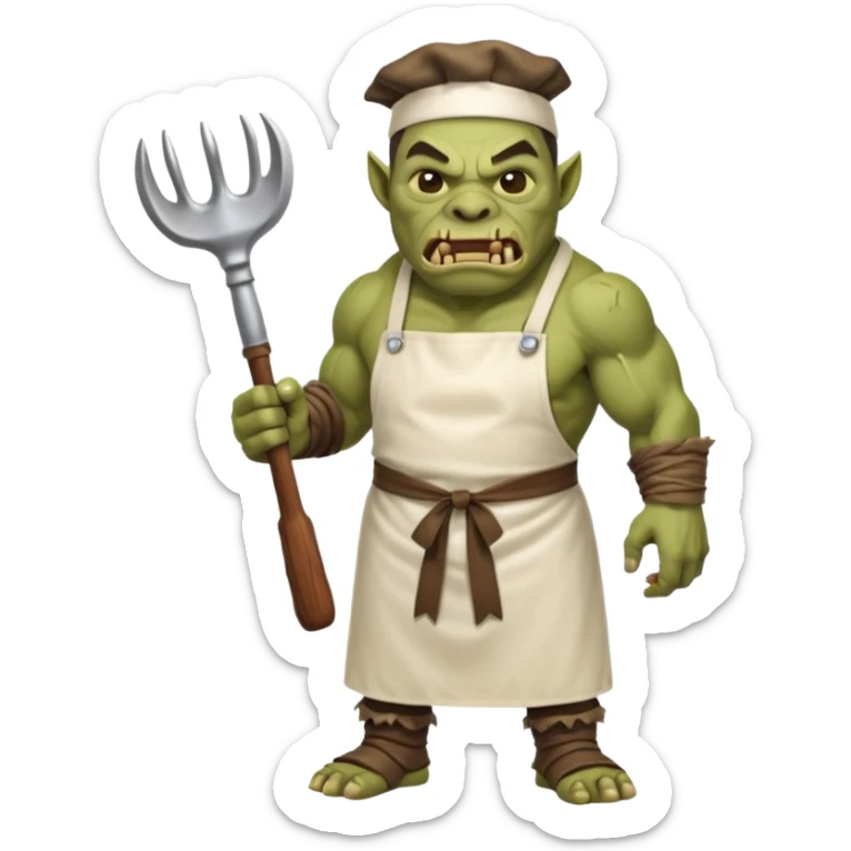 orc make Apron with "Kiss the Cook" (scratched out, replaced with "Fear the Cook"), giant rib bone as a weapon. sticker
