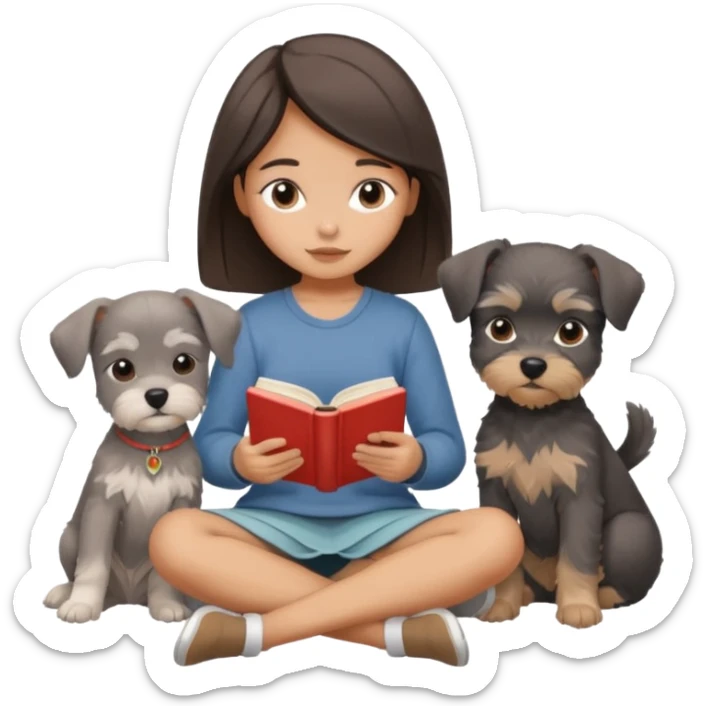 a girl sitting cross-legged reading a book, with a Schnauzer puppy curled up next to her, cozy and relaxing, iPhone icon style, minimalistic, soft color palette sticker