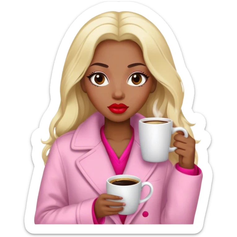 A black woman with a coat white a pijama pink, long blond Hair, coffe eyes, red lips  sticker