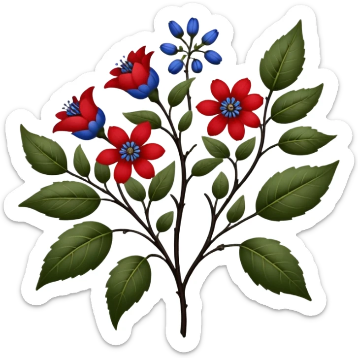 dull green leaves & red & blue flowers filigree design, small fruits, ebony branches, extremely detailed, complex design sticker