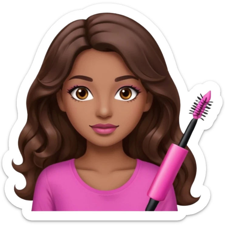 gorgeous woman, light brown skin, dark brown eyes, long wavy brown hair, pink top, wearing clear lipgloss and mascara  sticker