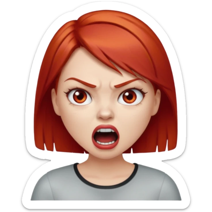 una chica con los labios y los ojos maquillados, de piel blanca con el pelo liso y corto y pelirrojo enojada gritando sticker