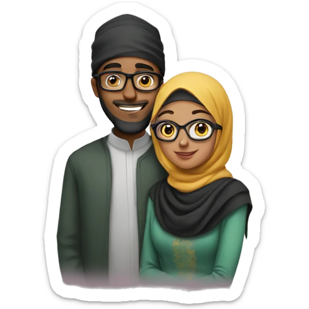 A young Muslim woman with green glasses and her young Muslim husband hug sticker