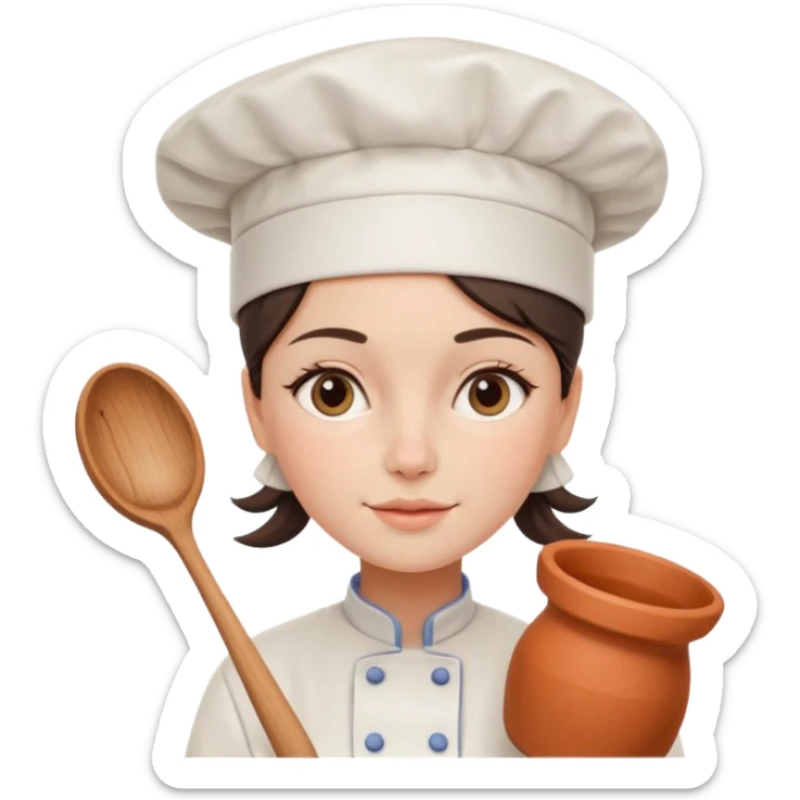 cartoon Apple iOS emoji style woman, pastel colors, Chilean wooden kitchen background, clay pots, warm light, detailed and clean vector art sticker