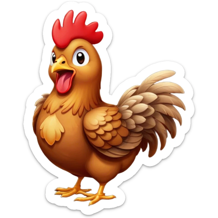 Cinematic Cute Yawning Brown Chicken Portrait Emoji, Head tilted slightly with a dramatic, wide-open yawn, showcasing a soft, fluffy brown plumage with a crisp red comb and gently drooping wings, round beady eyes barely open in drowsy contentment, Simplified yet irresistibly adorable features, highly detailed, glowing with a soft, cozy glow, high shine, relaxed yet expressive, stylized with a touch of whimsical charm, bright and endearing, soft glowing outline, capturing the essence of a sleepy yet affectionate chicken, so drowsy it feels like it could stretch out of the screen and curl up for a nap! sticker