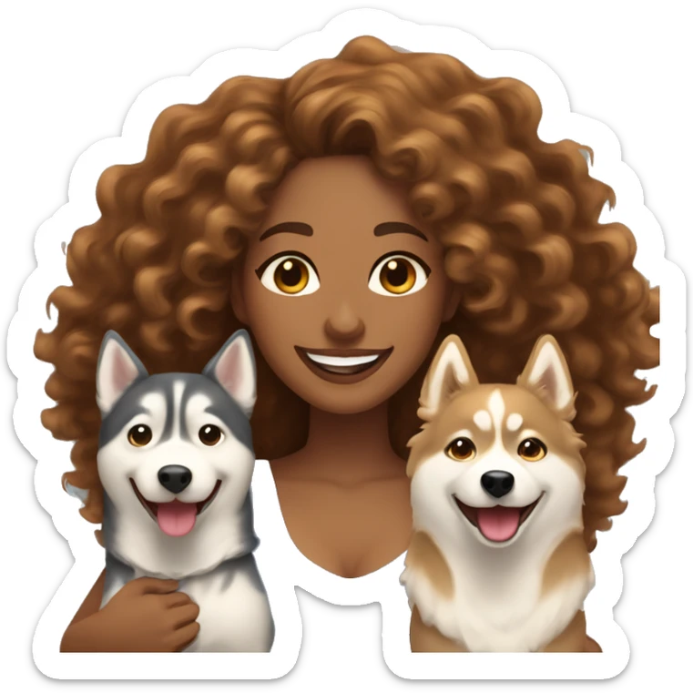 light skin woman with long honey brown curly hair expressing joy alongside two husky's sticker