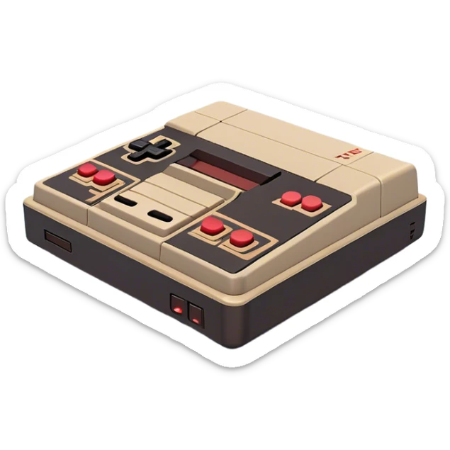 Clash of Clans aesthetic: Cinematic Playful NES Console Portrait Emoji, rendered in a 3D vector-style similar to standard emojis with minimal shading and bold, simplified shapes. A compact, distinct form with signature details, softly glowing with a nostalgic gaming charm. Simplified yet unmistakably iconic, highly detailed and consistent, glowing with a soft radiance and high shine. Stylized with a touch of retro gaming magic and a soft glowing outline, capturing the essence of a beloved gaming relic with a friendly, playful manner! sticker