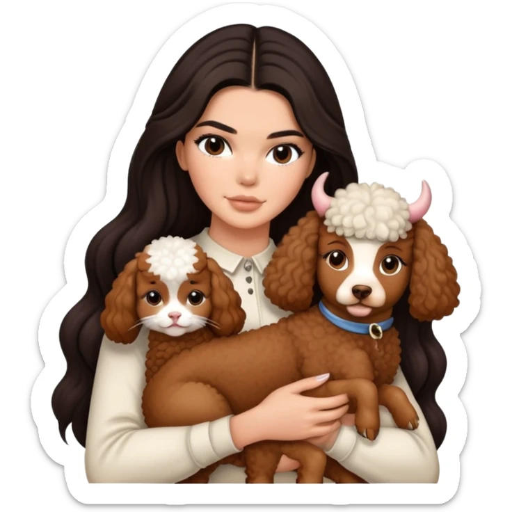 Kendall Jenner with long dark hair holding a brown poodle and a cow cat in her arms sticker