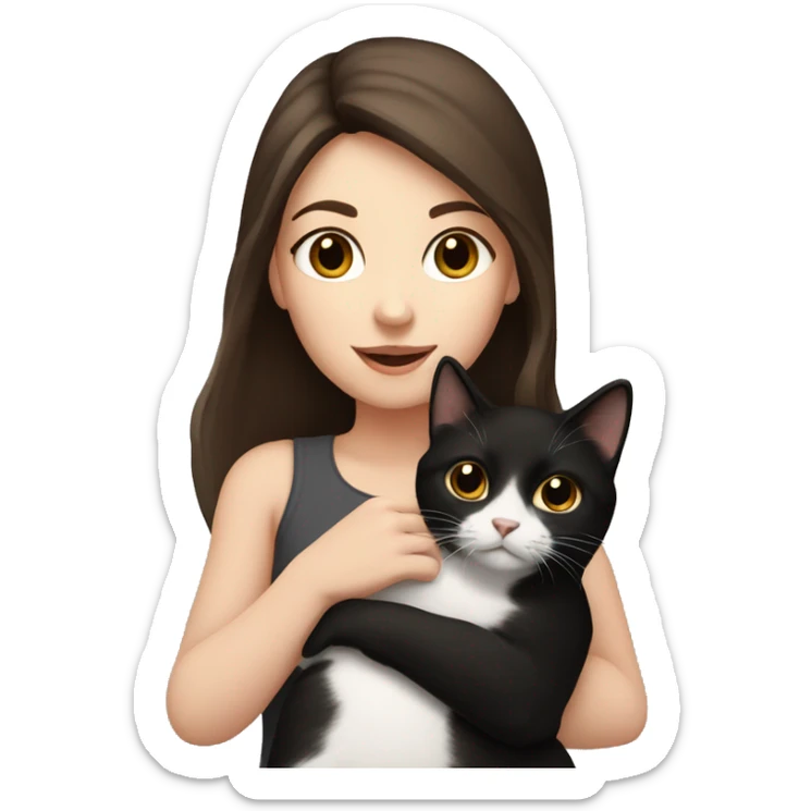 White girl with dark brown hair and brown eyes holding a black and white cat sticker