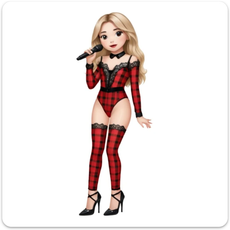 Sabrina carpenter singing at concert wearing a black and red plaid bodysuit a red sheer top covering the bodysuit, a strip of black lace around her leg, black sparkle heels. there is a  huge crowd and light pink stage setting  sticker