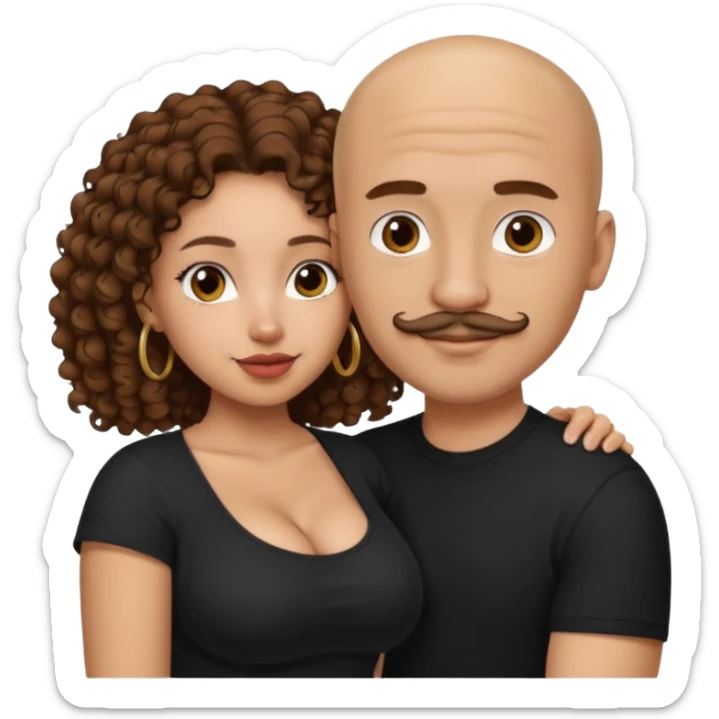 A mixed girl, the girl is wearing a black shirt, the girl has brown curly hair  and the girl has big boobs. A Mexican man is embracing her, with bald hair and a short mustache  sticker