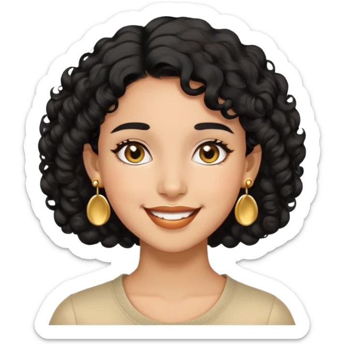Girl showing happiness, medium skin tone, short curly black hair, gold earrings Minimal emoji showing happiness, medium skin tone, short curly black hair, gold earrings sticker