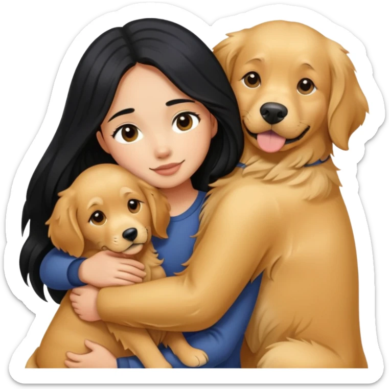 A girl with long black  hair tightly hugged a Golden Retriever sticker