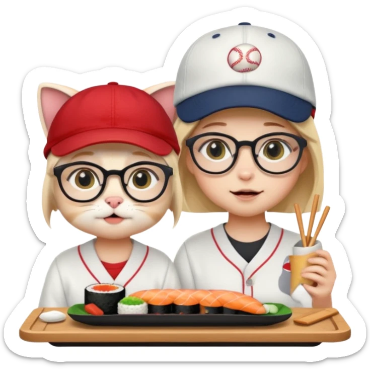 cute girl cat wearing glasses and a cute boy cat wearing a baseball cap eating sushi together sticker