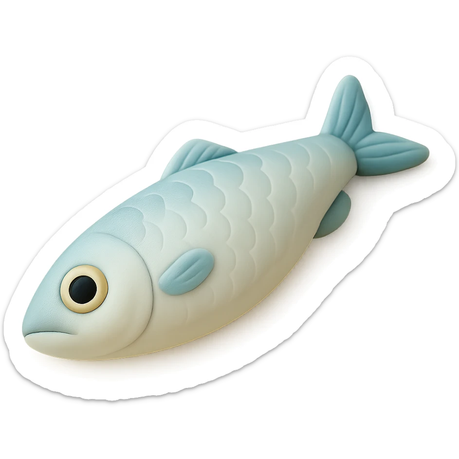 Edit the image to depict a single anchovy with shiny scales in fondant cake art style, soft pastel colors, no background, and no text. sticker