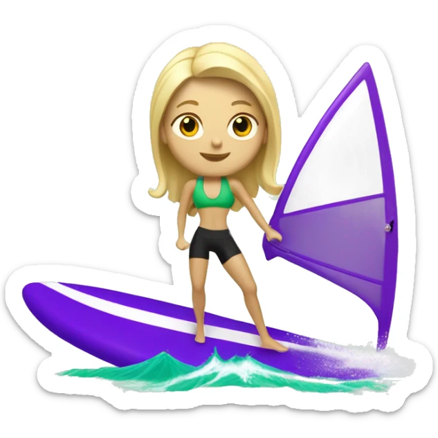 windsurfer blonde woman on green surfboard with purple and white sail where shes surfing and sail is bigger than her sticker