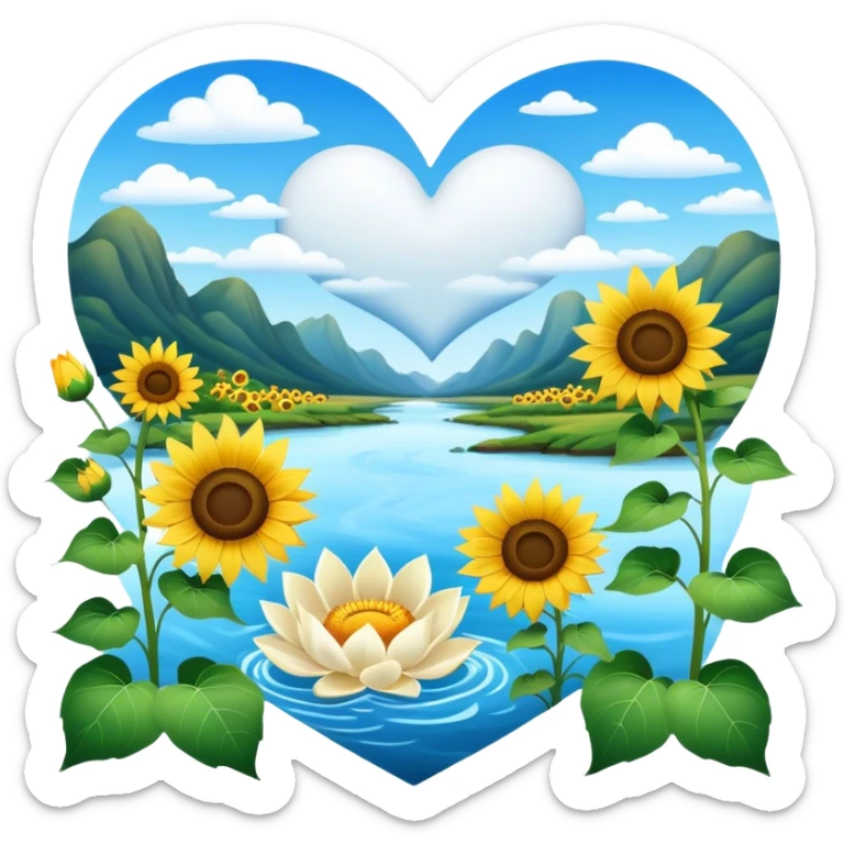 Good morning Sunshine with heart clouds and sunflowers and white lotus flowers and a river  sticker