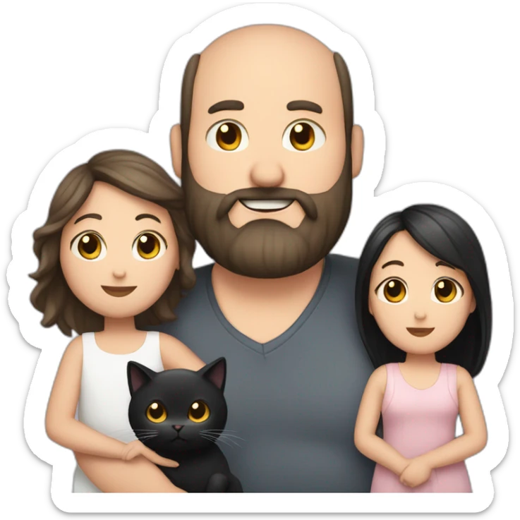 Family photo a fat husband with a beard is holding a white cat and wife with straight hair is holding a black cat sticker