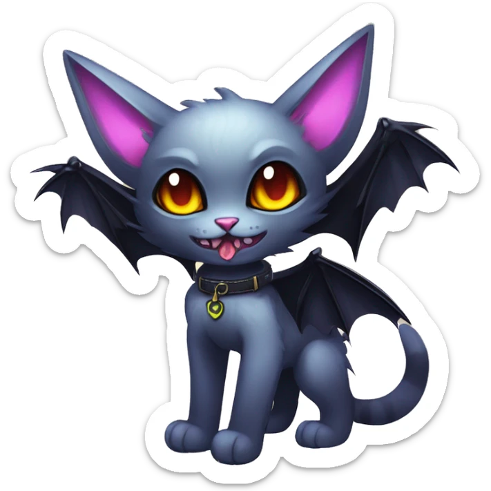   cool edgy kawaii ethereal dark-punk-themed animal vampiric cat-hybrid Fakemon with fangs and bat-wing-ears with a collar full body sticker