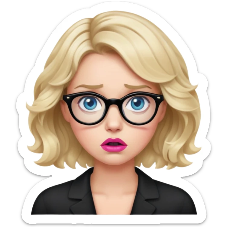 Blonde woman with short wavy hair, blue eyes and pink lips wearing black glasses looking really frightened  sticker