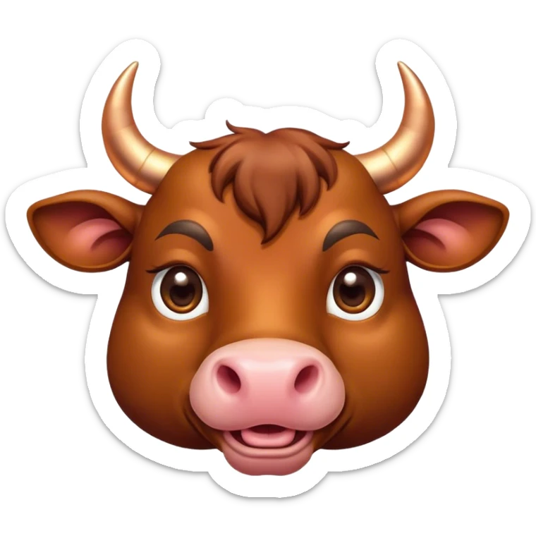 Cinematic Cute Domestic Bull Portrait Emoji, Head tilted playfully and inquisitively, with a sturdy, compact build and a smooth, polished coat of rich copper and brown hues accentuated by gently curved horns, round, sparkling eyes full of curious determination, Simplified yet irresistibly adorable features, highly detailed, glowing with a warm, friendly glow, high shine, affectionate and spirited, stylized with a touch of rustic charm, soft glowing outline, capturing the essence of a mischievous yet loving domestic bull that feels like it could trot out of the screen and into your arms! sticker