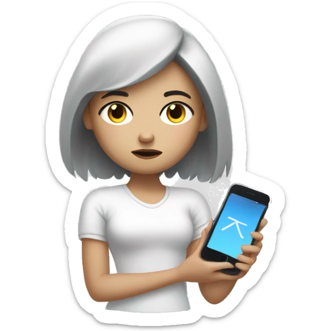 A girl with white skin and dark hair, with a sad face, holding her phone in her hand and typing a message, a message cloud on the side of it sticker