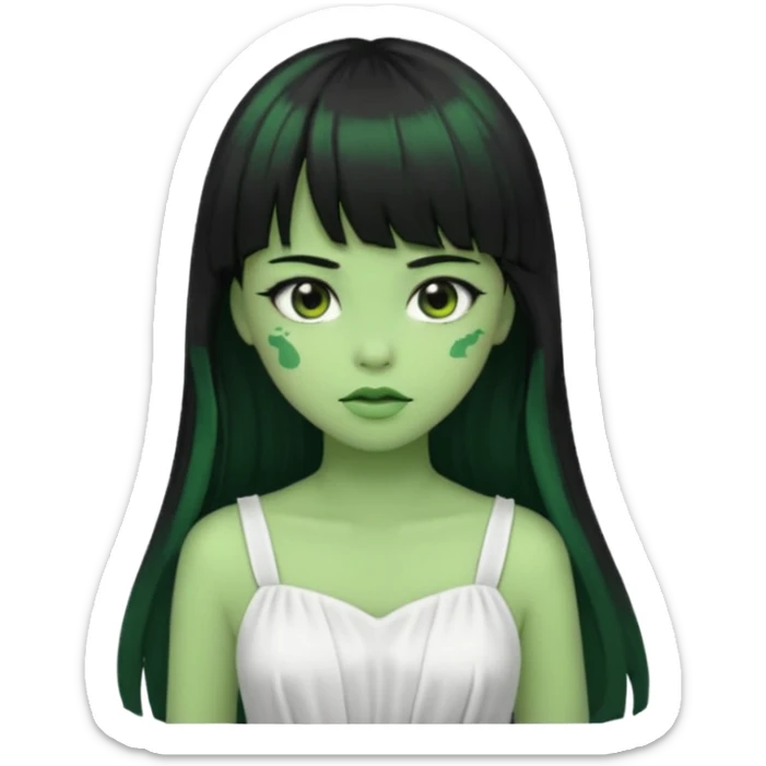 uma garota zumbi da pele verde com cabelo preto longo com franja e a roupa branca sticker