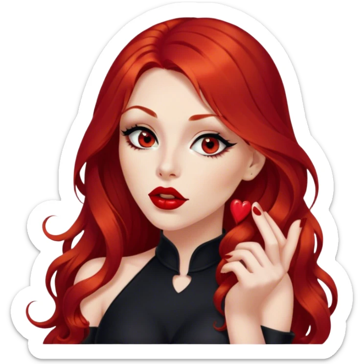 a pretty woman with long red hair and red eyes. The woman wear a black little cutted dress. She have red lipstick and she have a seductive look. She do a kiss. Very cute graphics sticker
