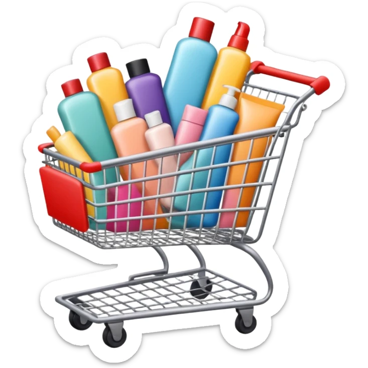 shopping cart full of brand-labeled beauty products sticker