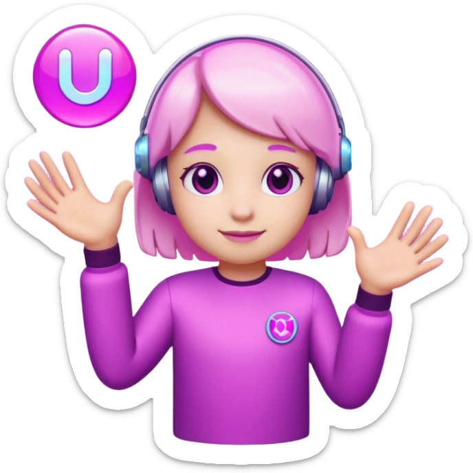 Friendly round AI mascot with a neon C badge, floating hologram in hands, purple-magenta glow. sticker