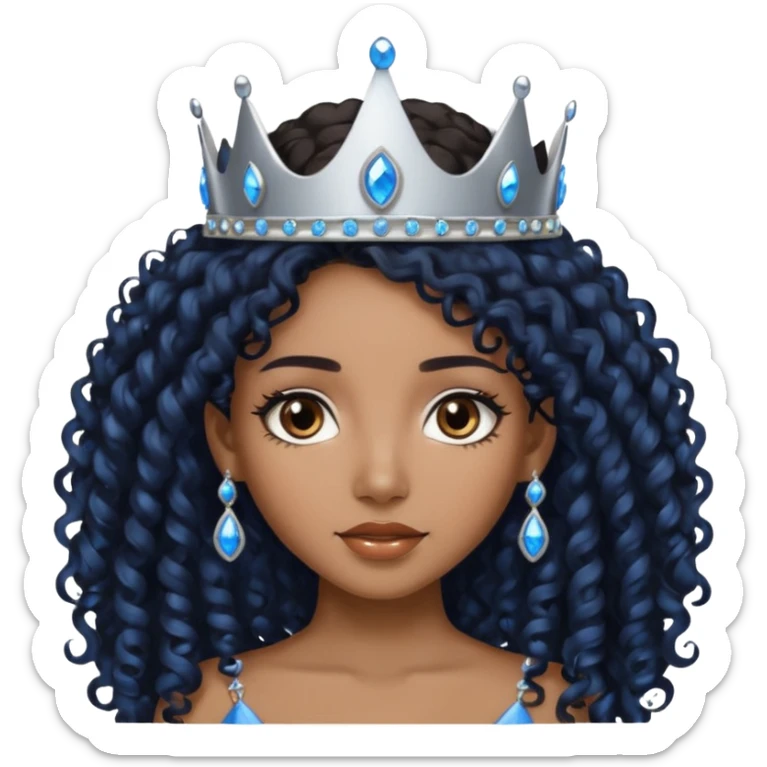 Por favor hazme el emoji de la princesa pero morena con el pelo negro y rizado y largo, los ojos marrones y la corona plateada con jollas azules sticker