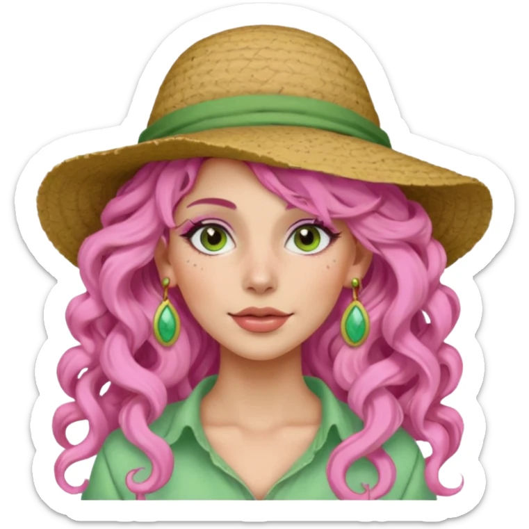pink haired very long curly haired woman with full face light green clay mask  and big earrings and hat sticker