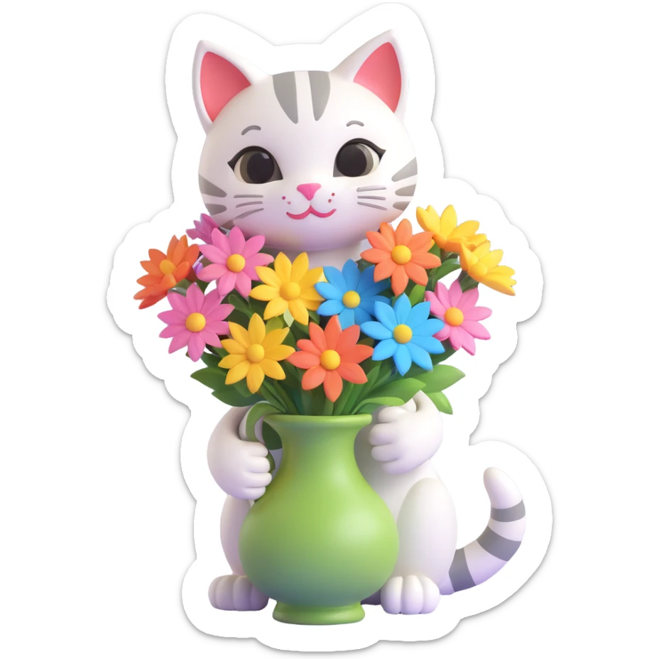 A 3D happy cat hugging a vase with blooming flowers, with the text "Have a Beautiful Day" in the style of the reference image. The overall mood should be joyful and bright. sticker