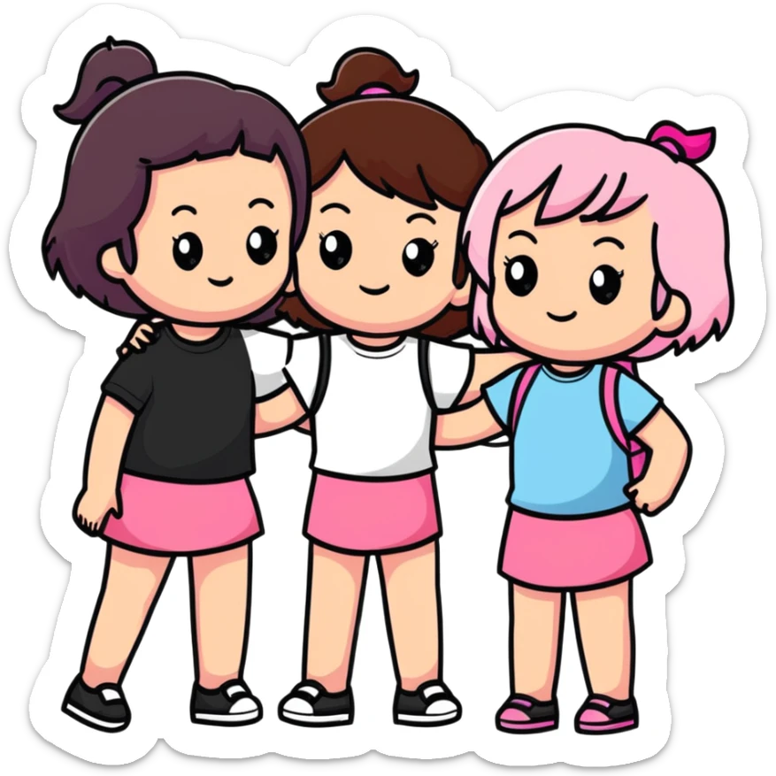 a black girl with dark brown hair next to a white girl with pink hair and a white girl with brown hair sticker