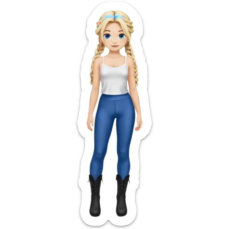 Blonde model silk balayage long hair half braids women with blue eyes wearing White Spaghetti top and black Leggins and Boots with heels sticker