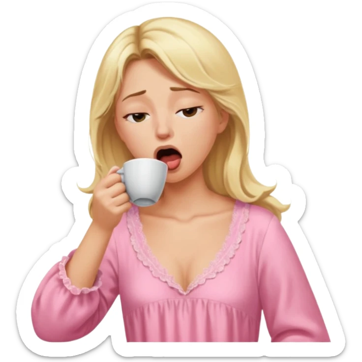A blonde woman in a pink nightgown yawns, looking sleepy with dark circles under her eyes, drinking coffee, looking like she just woke up sticker