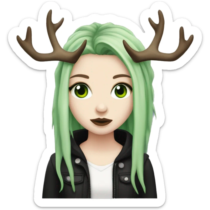 Girl with pale skin, green eyes, black dreadlocks, eyeliner, deer antlers, punk, grunge sticker