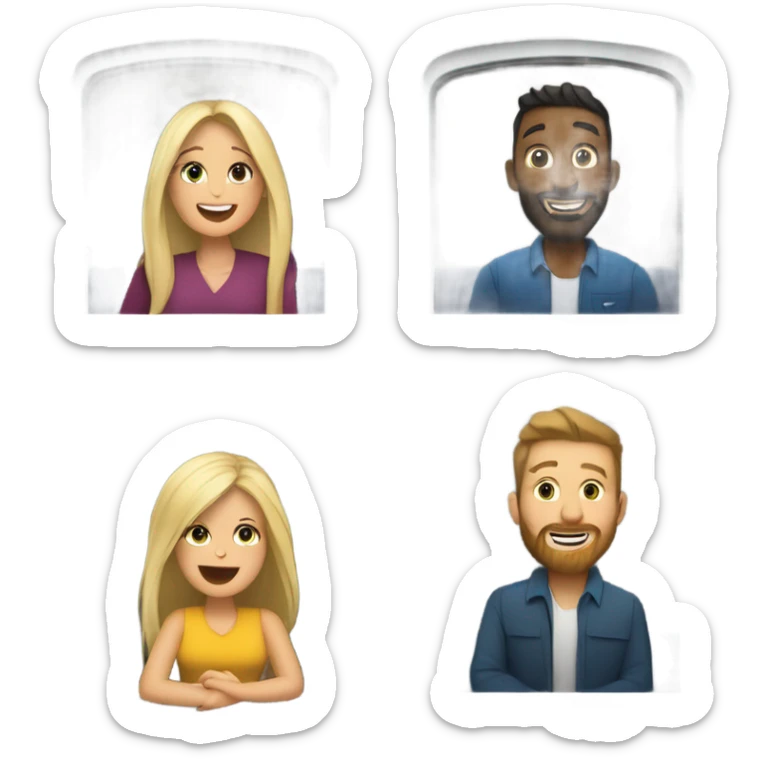 A woman with long dark hair, a womanwith long blond hair, a bearded man with long dark hair and a man with short blond hair and sunglasses sitting in a booth on a train laughing  sticker