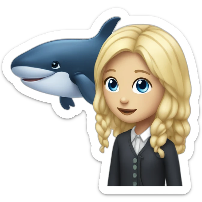 A whale as a staffed animal with a blonde girl with blue eyes and blond hair sticker