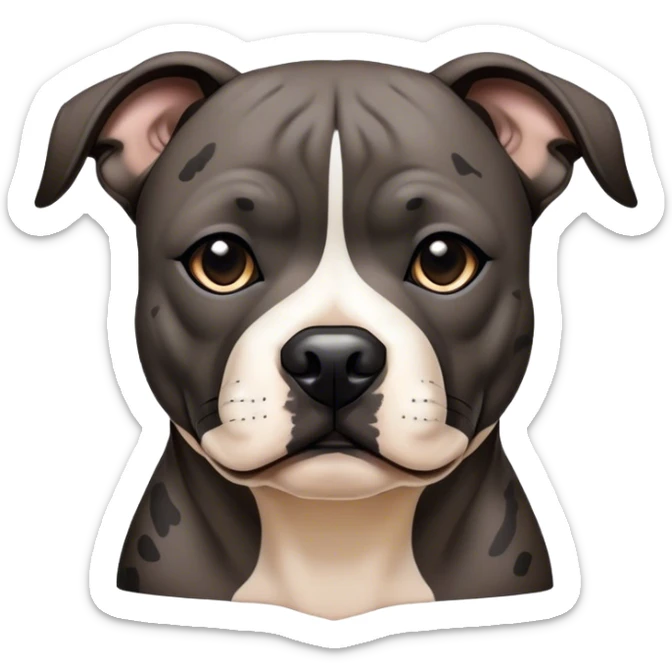 Cinematic Noble Black/Brindle Staffordshire Bull Terrier Portrait Emoji, Poised and regal, with a compact, muscular build and a sleek, well-groomed Fur featuring a striking mix of black and brindle patterns, deep-set soulful dark eyes, Simplified yet sharp and sophisticated features, highly detailed, glowing with a soft, dignified glow, high shine, intelligent and loyal, stylized with an air of strength, focused and attentive, soft glowing outline, capturing the essence of a watchful and confident guardian, so majestic it feels as though it could stride out of the screen with effortless authority! sticker