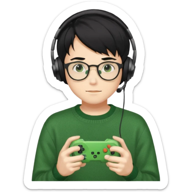 
gamer, Gorgeous green sweater black hair anime style shojo guy glasses, headphone, gamepad sticker