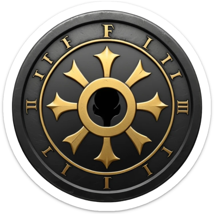 Minimal emoji, gothic metal coin made of black steel, engraved number FORTUNA at the center, ancient industrial aesthetic, worn metal texture, no glow, no neon, flat emoji design, centered, transparent background sticker