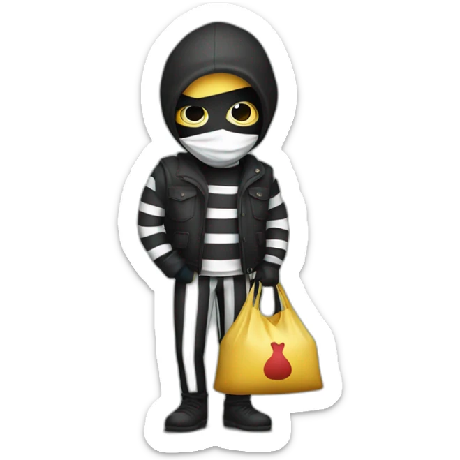 a bandit in striped clothes and a black mask over his eyes, carries a bag of money behind his back sticker